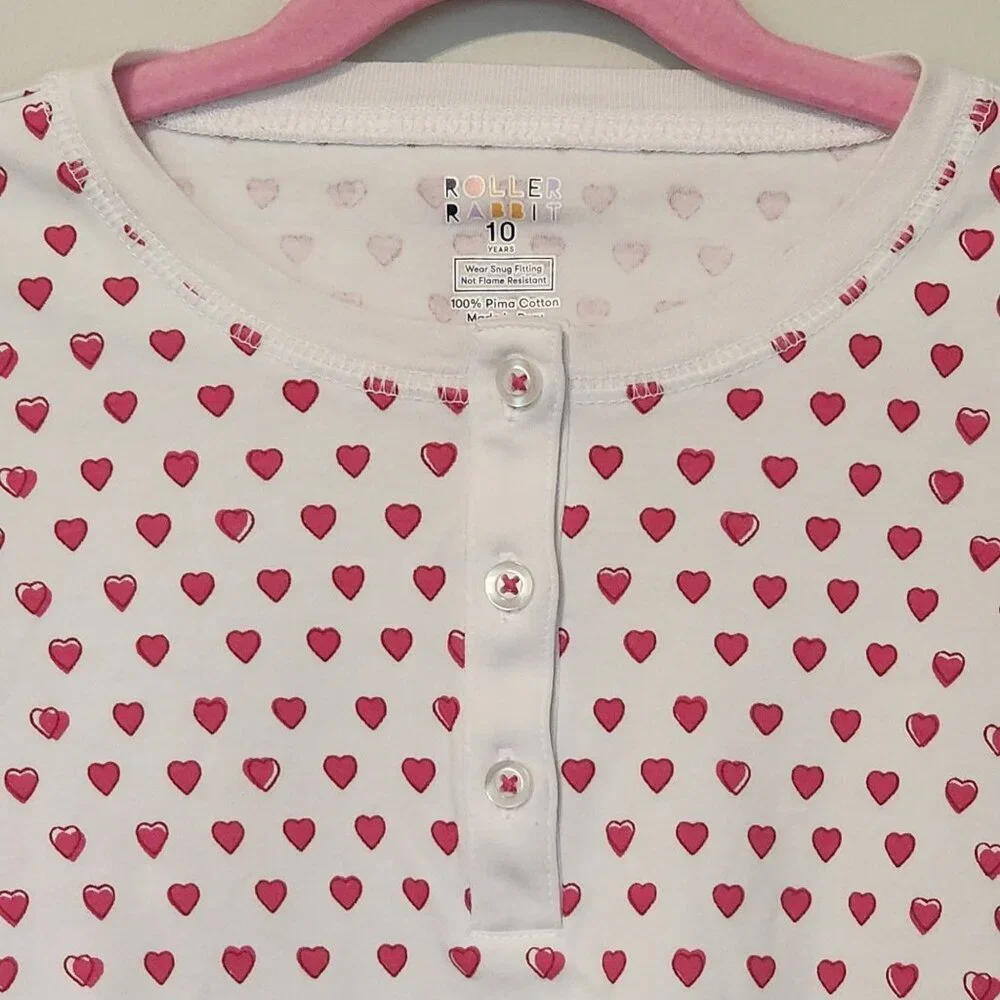 Roller Rabbit girls sz 10 Henley pajama top white with hearts
